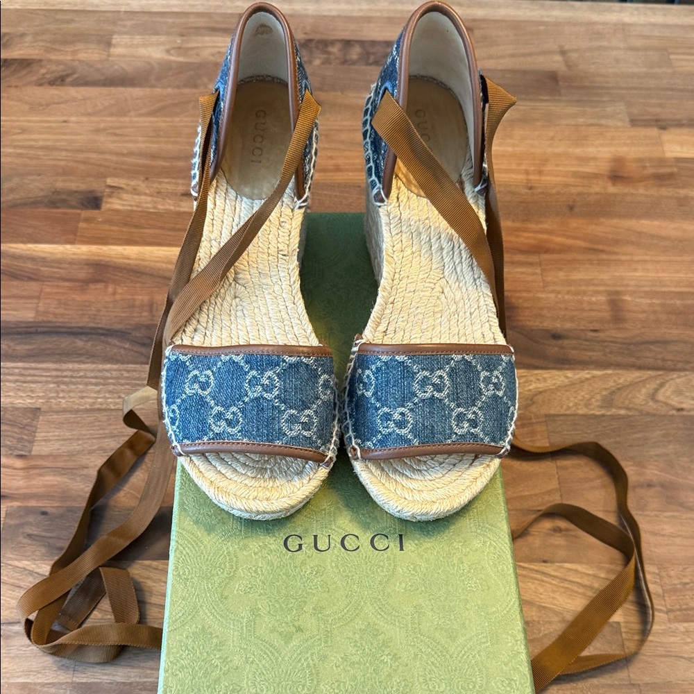 Gucci Denim Blue and Tan Espadrille Sandals